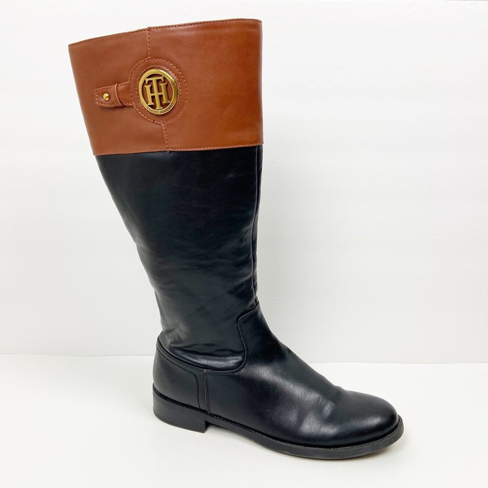 Tommy Hilfiger Black and Brown Over-the-Knee Leather Boots